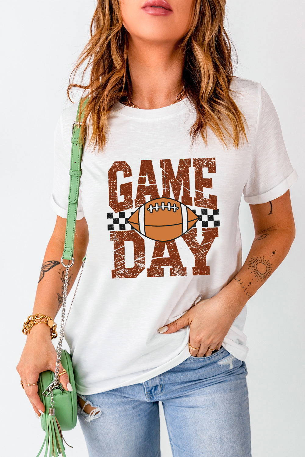 White GAME DAY Checkered Football Heat Transfer Printing Vintage Graphic Tee