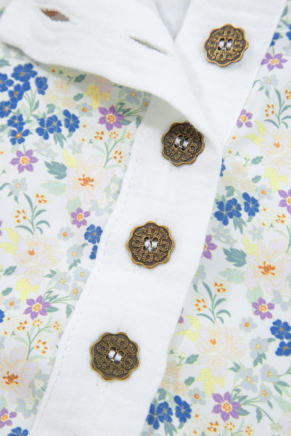 Sky Blue Floral Print Crinkle Patchwork Henley Blouse