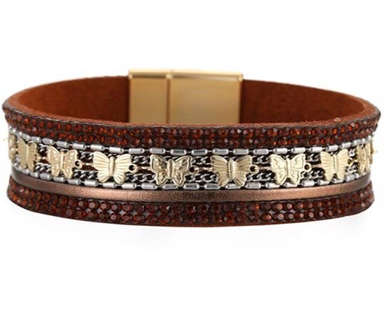 Brown Leather Strap and Gold Butterfly Bracelet