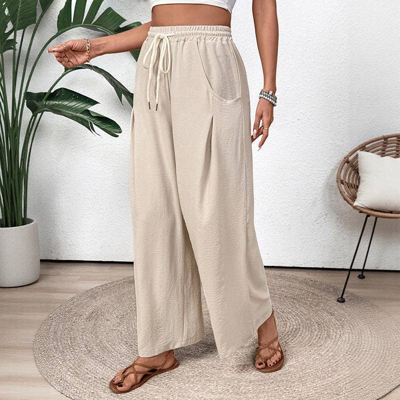 Straight Leg Pants Apricot elastic waist wide leg