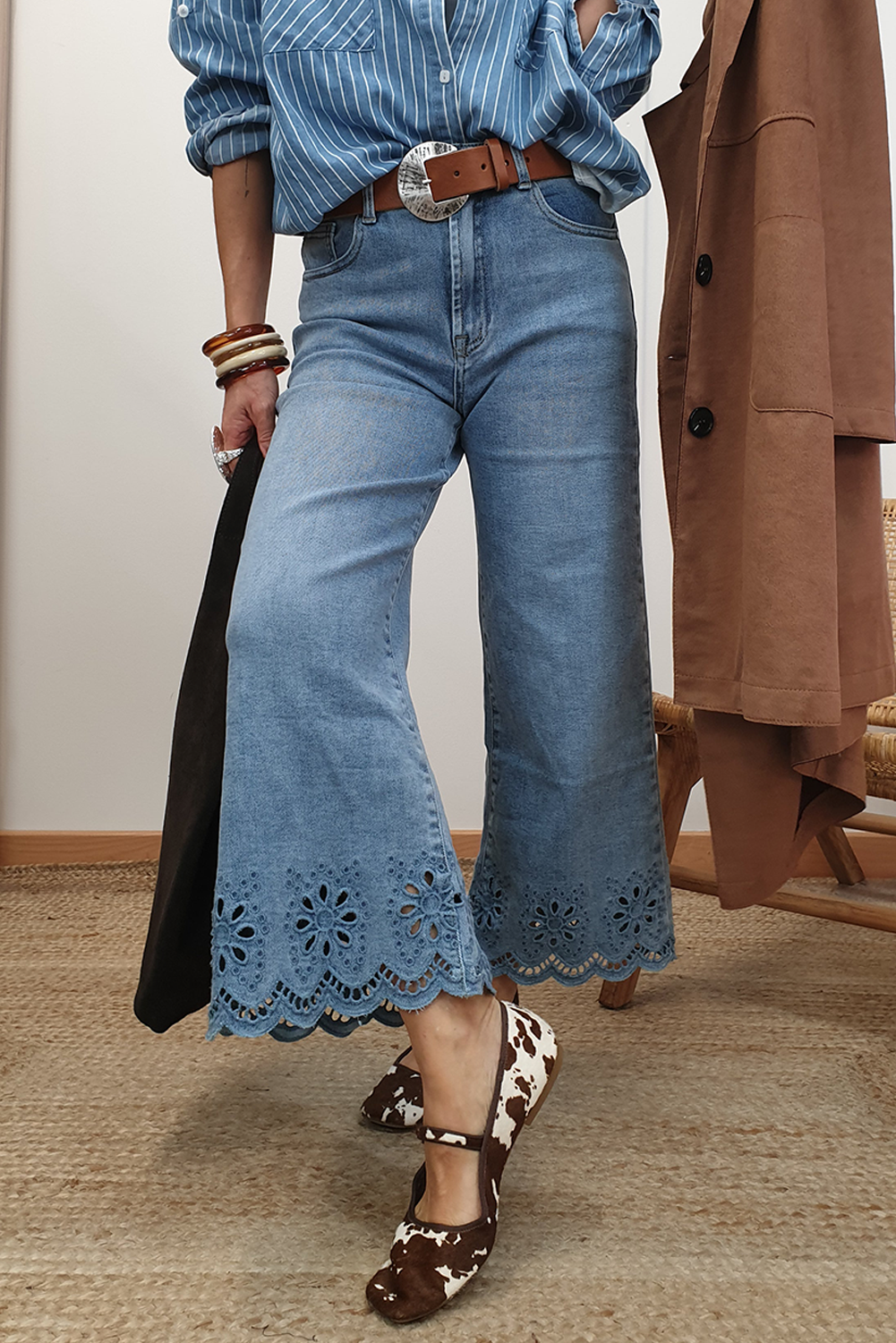 Dusk Blue Embroidered Cropped Wide Leg high Waist Jeans