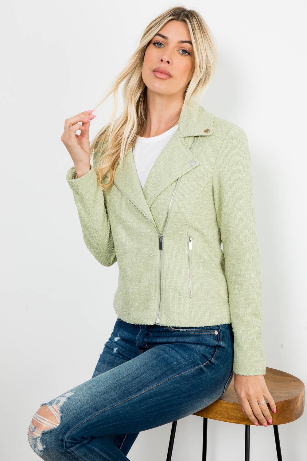 Mint Green (Lint) Solid Boucle Long Sleeve Moto Jacket
