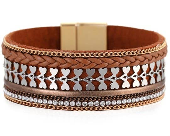 Brown Multi Leather Straps w/Hearts, Crystals Bracelet