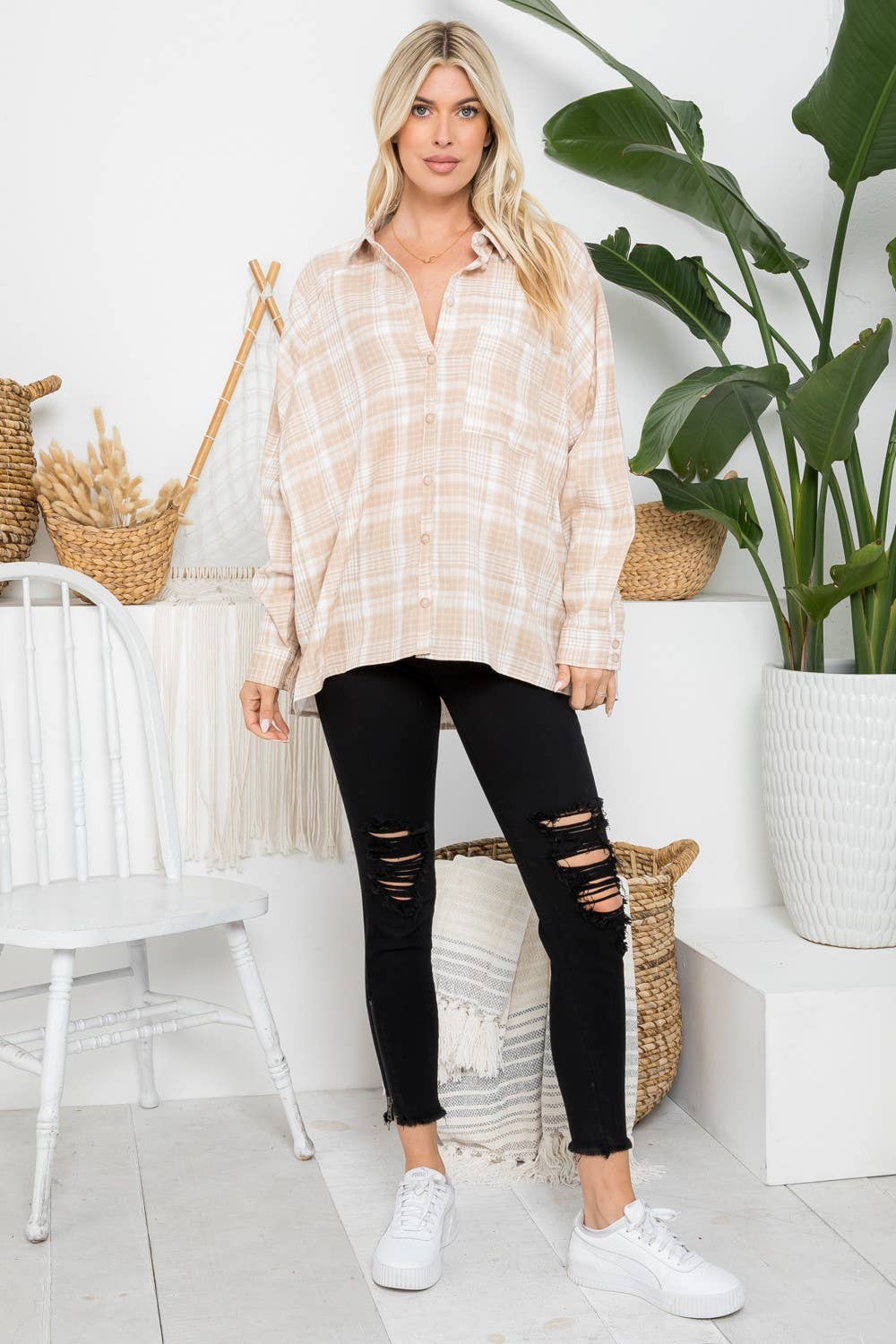 Raglan Sleeves Cotton Oversized Plaid Shirt