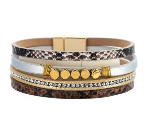 Tan & White Multi Leather Straps/Beads, Crystals Bracelet