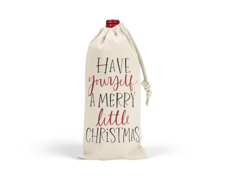 Wine Bag -Merry Little Christmas Drawstring Canvas Tote