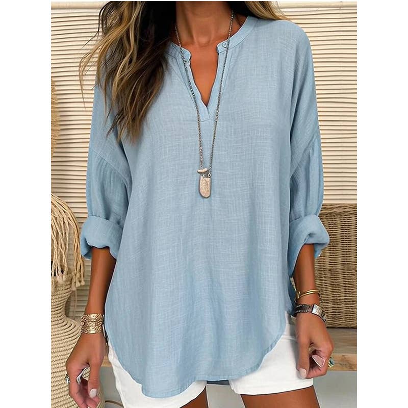 Blouse Linen Long Sleeve Casual V Neck Top CWTBLL0260