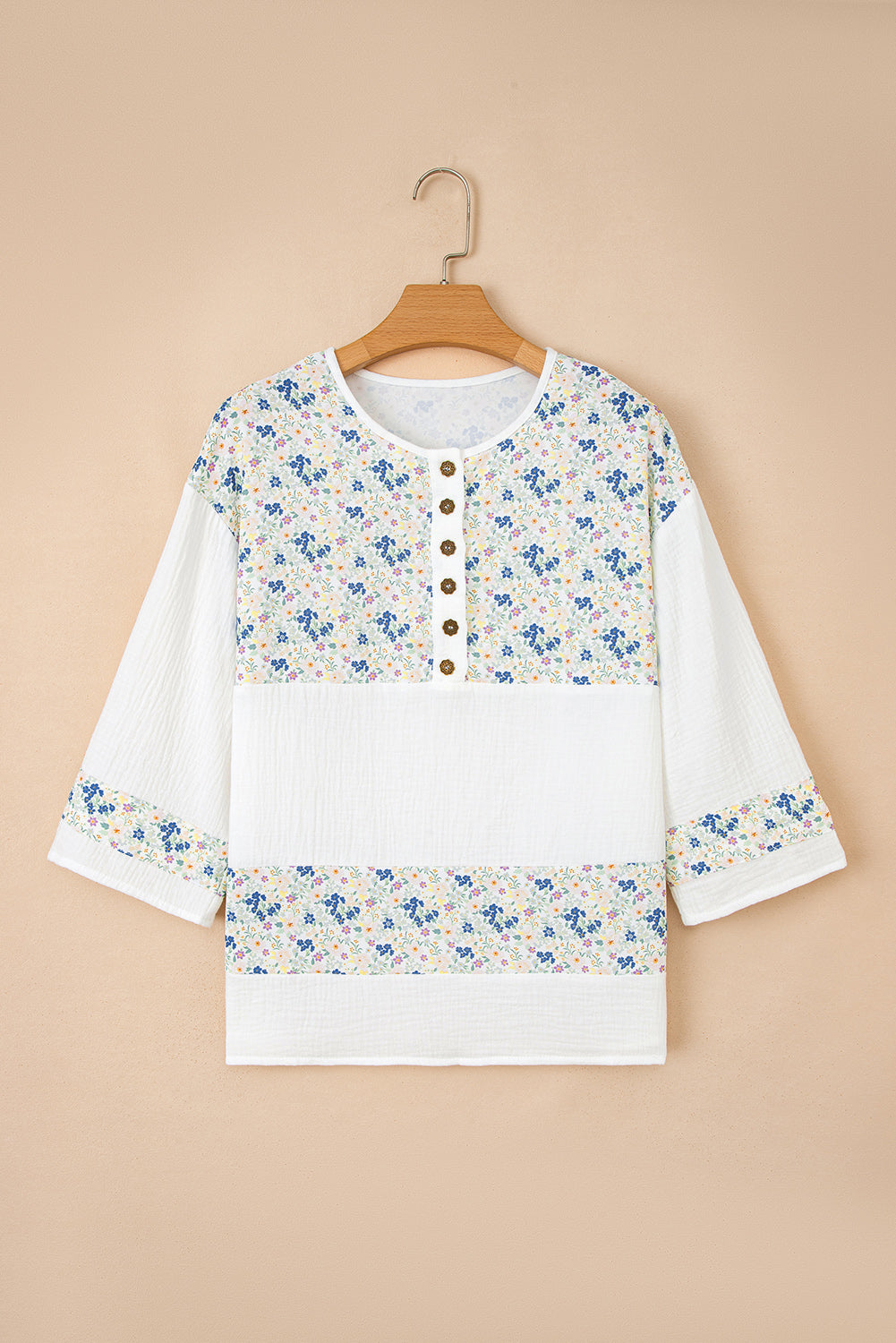 Sky Blue Floral Print Crinkle Patchwork Henley Blouse