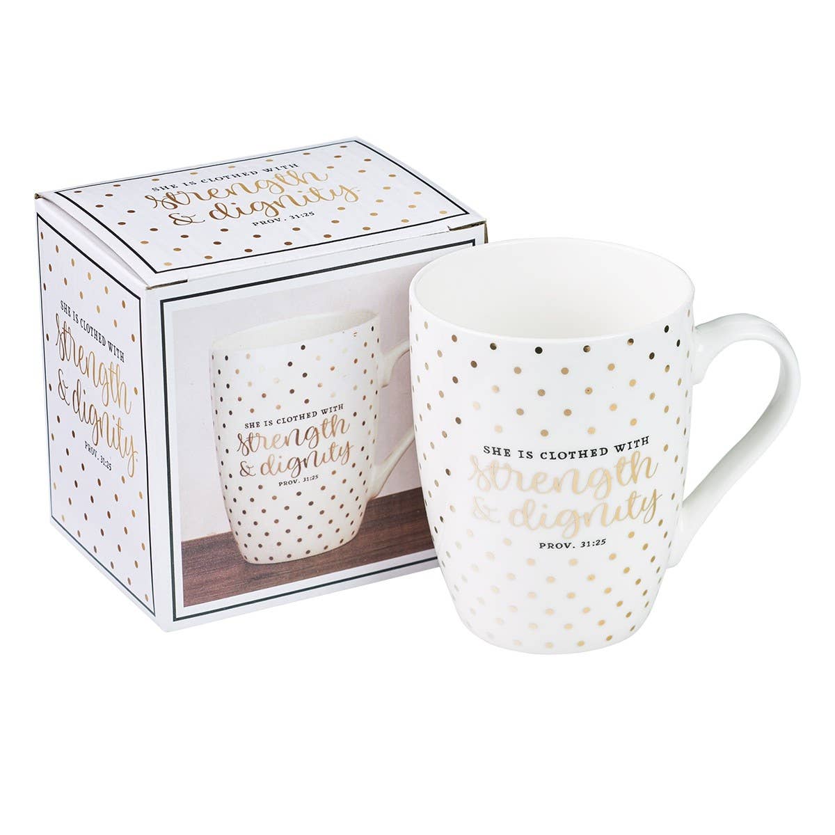 Mug White with Gold Polka Dots Strength & Dignity
