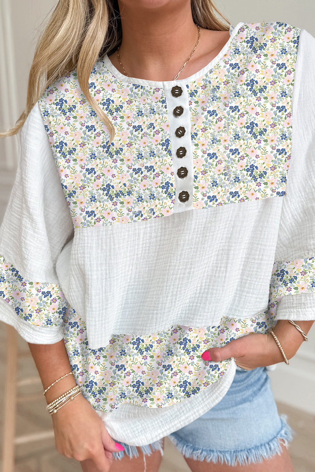 Sky Blue Floral Print Crinkle Patchwork Henley Blouse