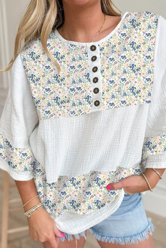 Sky Blue Floral Print Crinkle Patchwork Henley Blouse