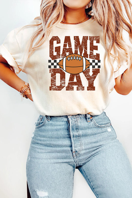 White GAME DAY Checkered Football Heat Transfer Printing Vintage Graphic Tee