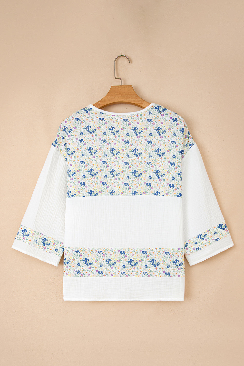 Sky Blue Floral Print Crinkle Patchwork Henley Blouse
