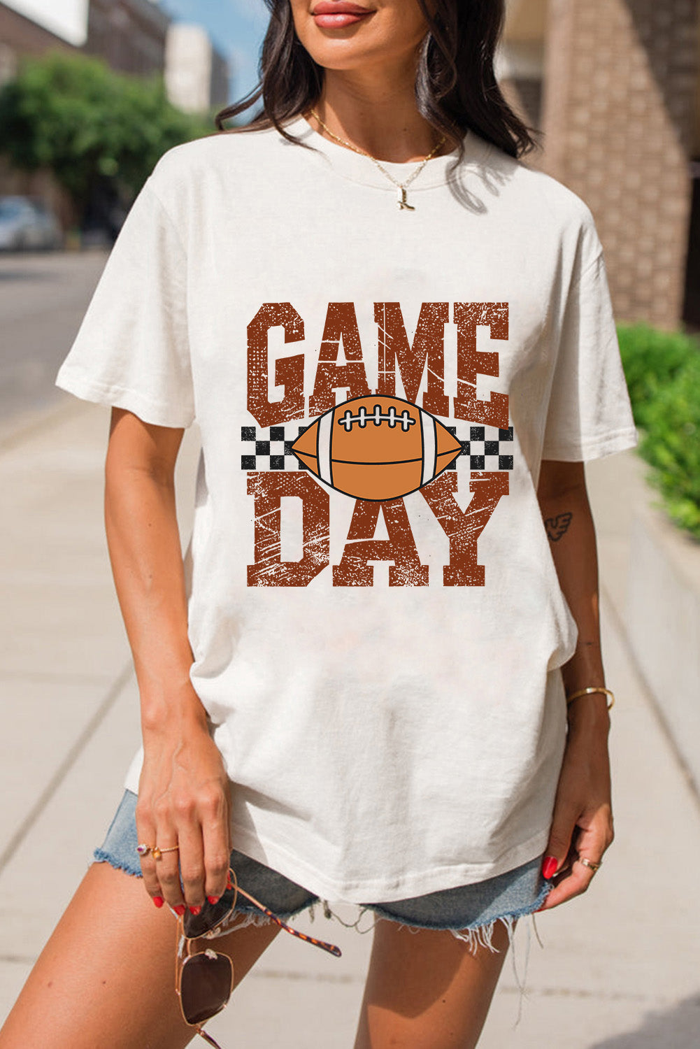 White GAME DAY Checkered Football Heat Transfer Printing Vintage Graphic Tee