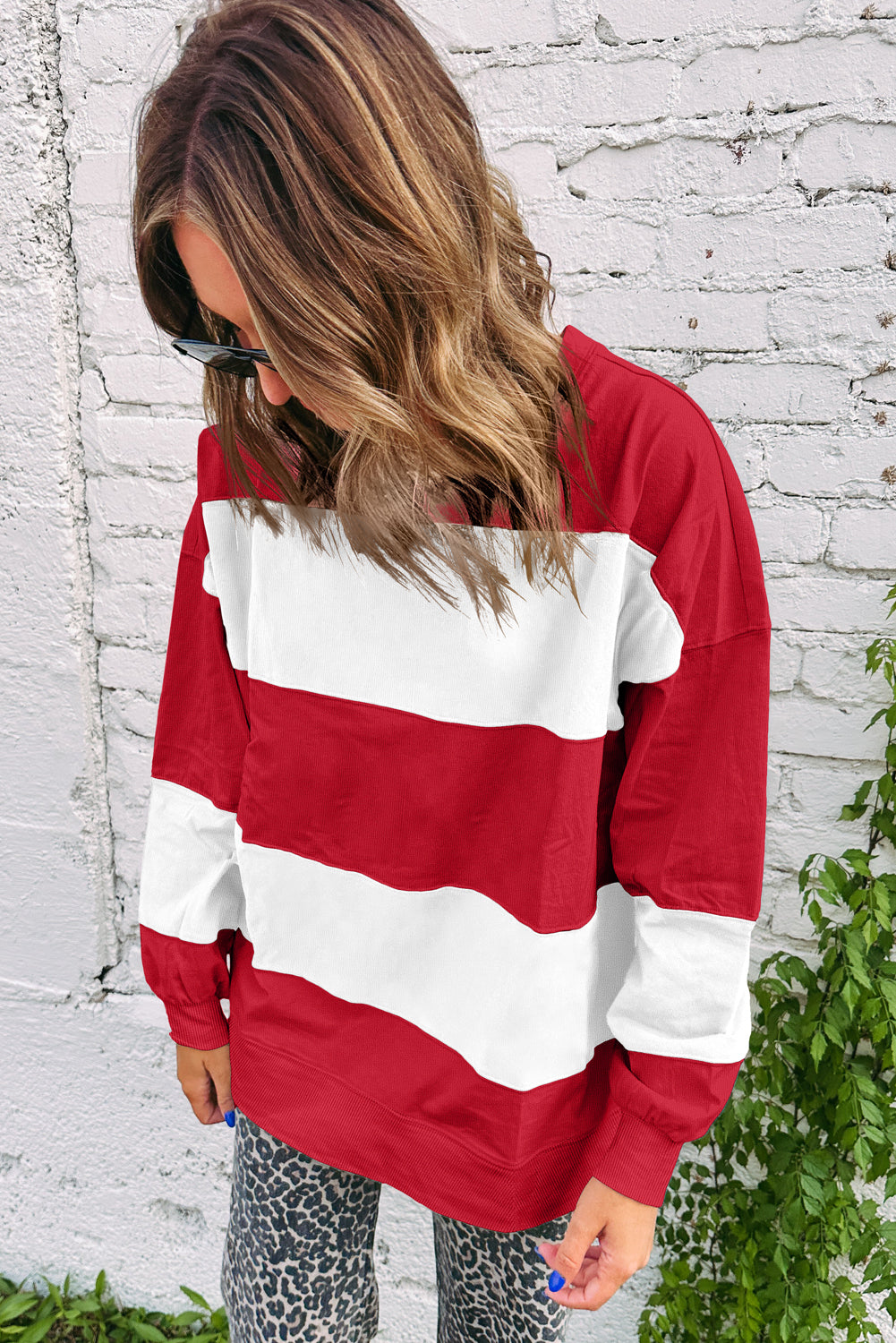 Fiery Red Colorblock Drop Shoulder Baggy Sweatshirt