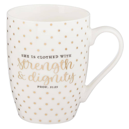 Mug White with Gold Polka Dots Strength & Dignity