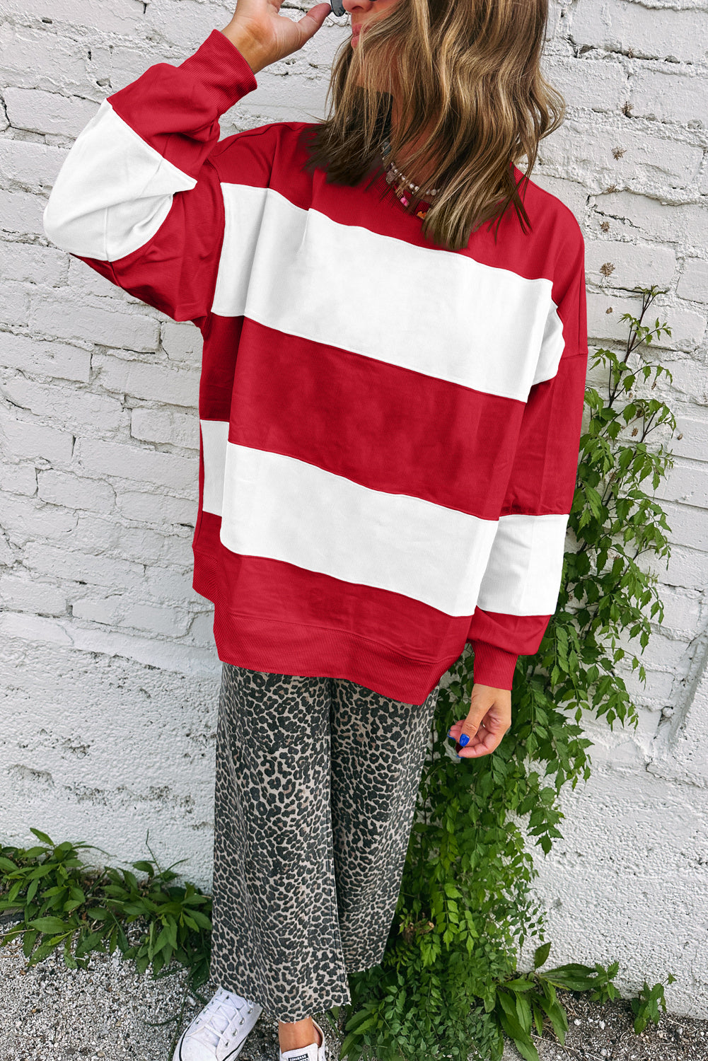 Fiery Red Colorblock Drop Shoulder Baggy Sweatshirt