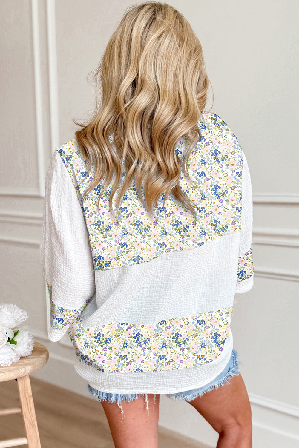 Sky Blue Floral Print Crinkle Patchwork Henley Blouse