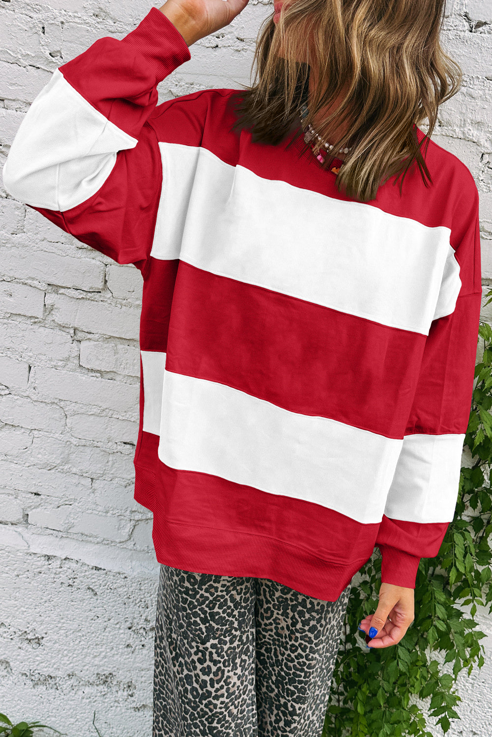 Fiery Red Colorblock Drop Shoulder Baggy Sweatshirt