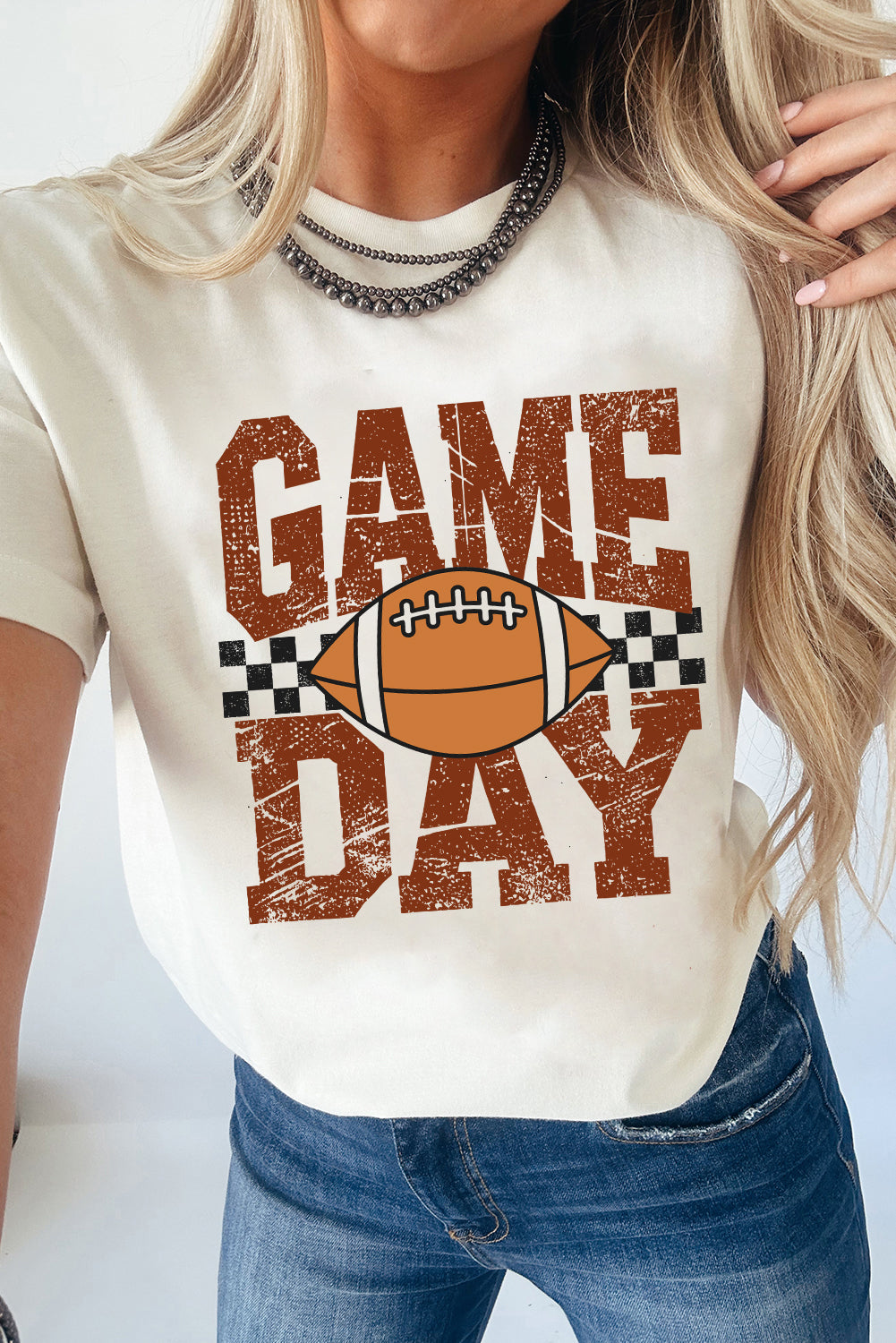 White GAME DAY Checkered Football Heat Transfer Printing Vintage Graphic Tee