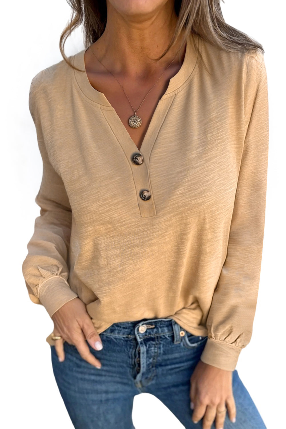 V Neck Long Sleeve Light French Beige