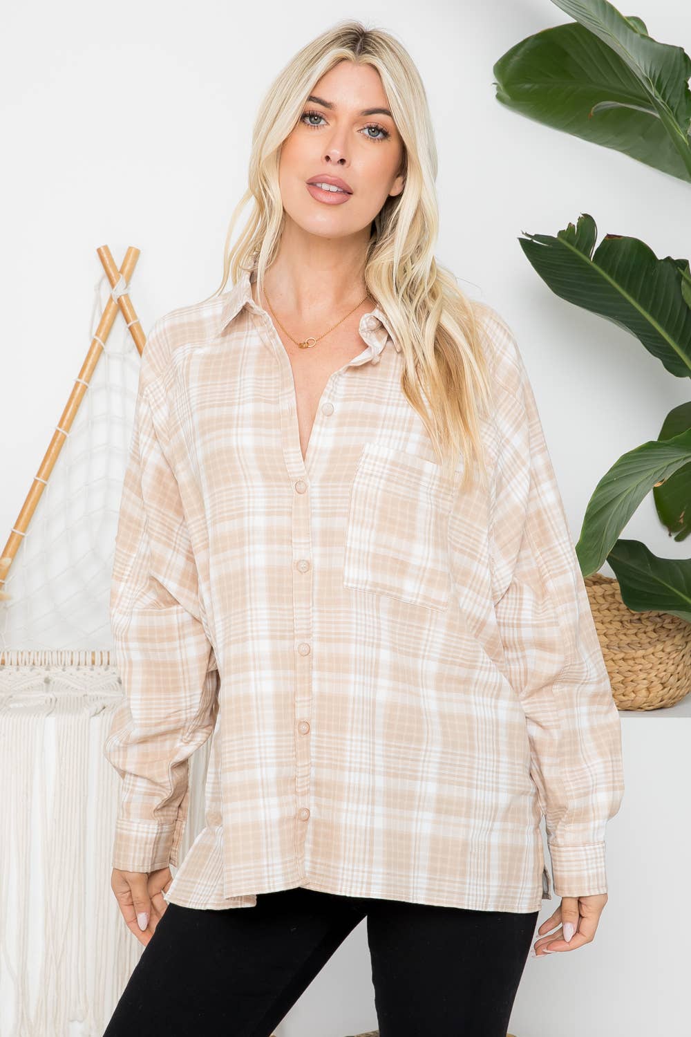 Raglan Sleeves Cotton Oversized Plaid Shirt