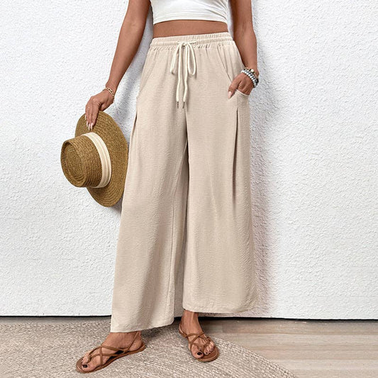 Straight Leg Pants Apricot elastic waist wide leg