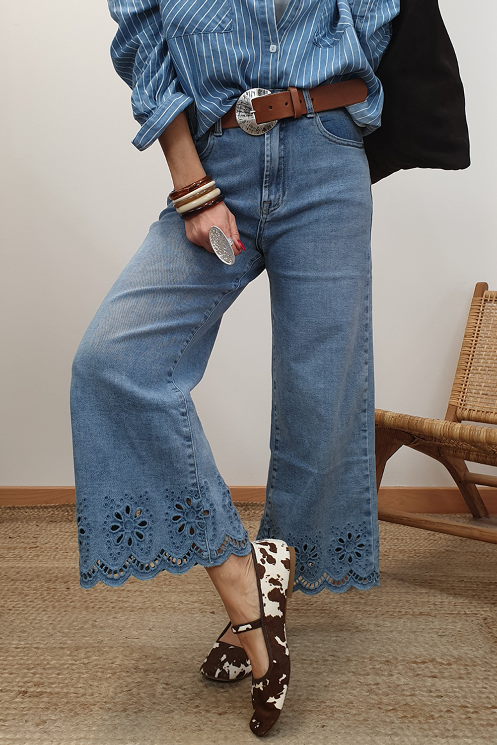 Dusk Blue Embroidered Cropped Wide Leg high Waist Jeans