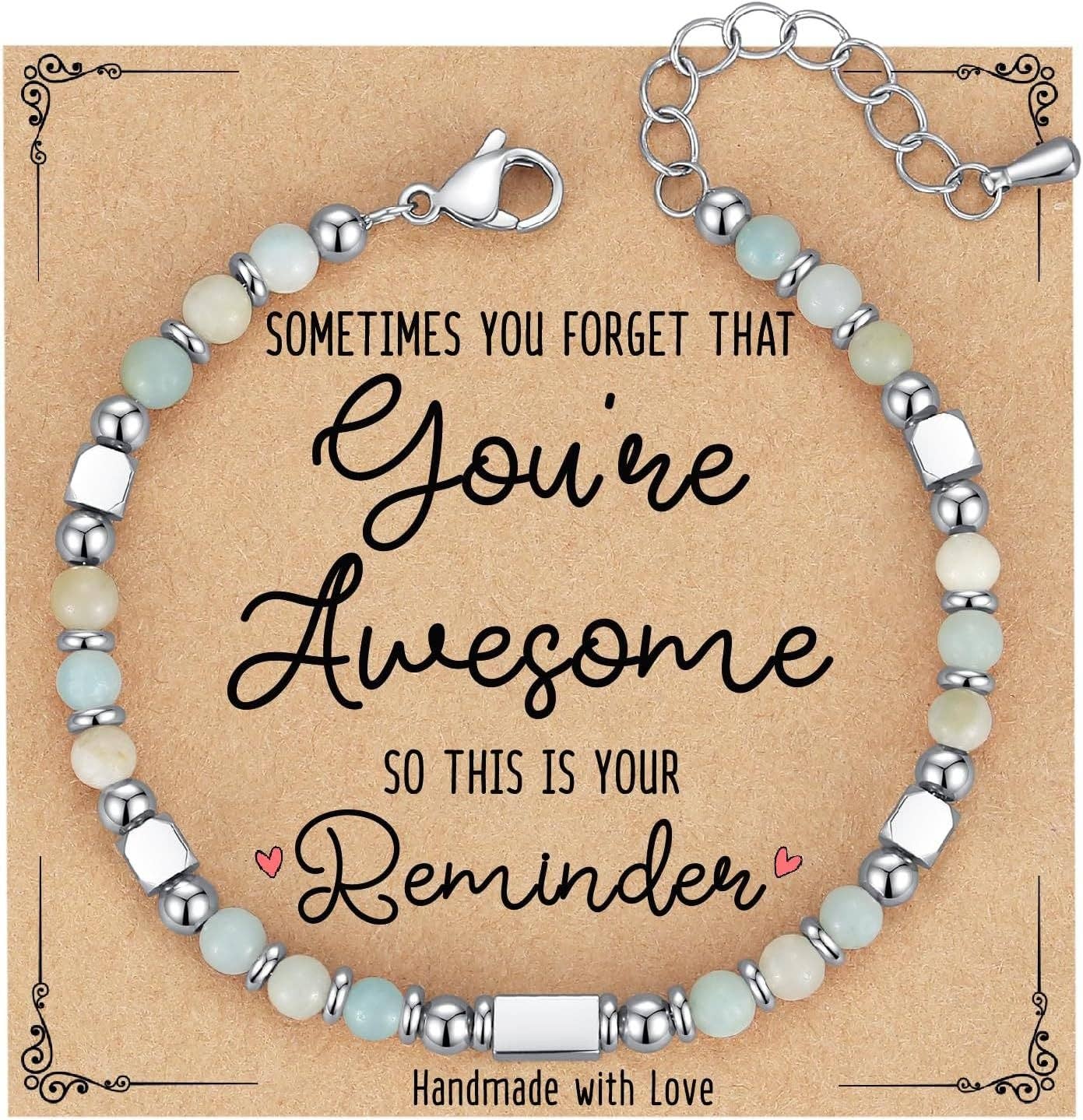 4mm Stone & Stainless Steel Bead Bracelet| Blessing Card -CS: Powder Crystal & Always remember