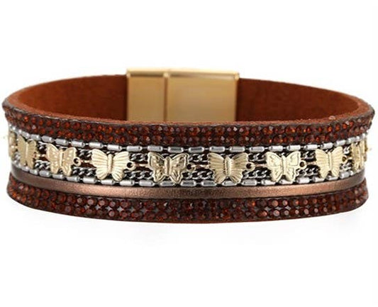 Brown Leather Strap and Gold Butterfly Bracelet