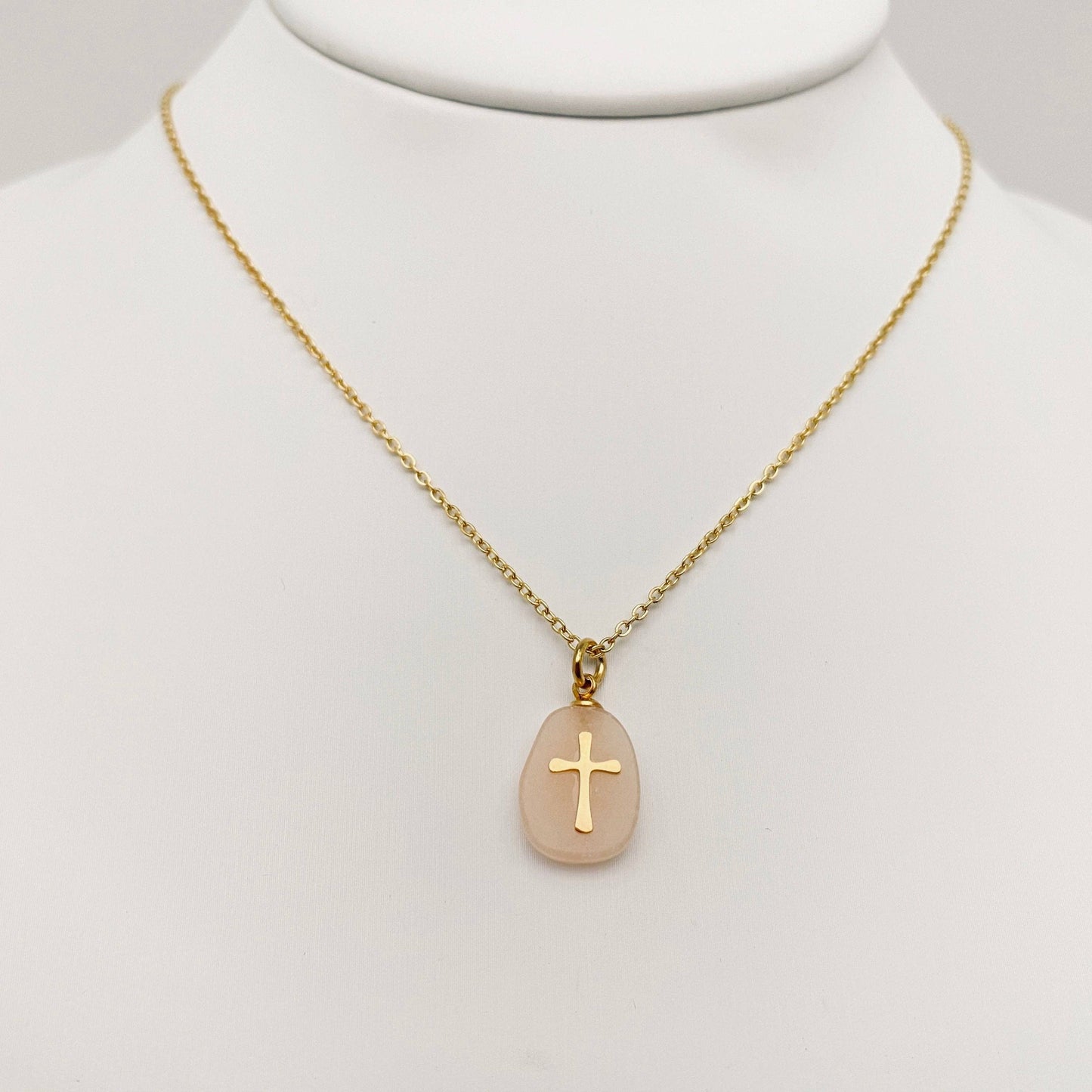 Natural Stone Stainless Steel Cross Pendant Necklace - CS: 3# White