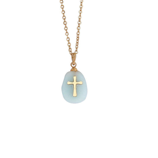 Natural Stone Stainless Steel Cross Pendant Necklace - CS: 5# Green