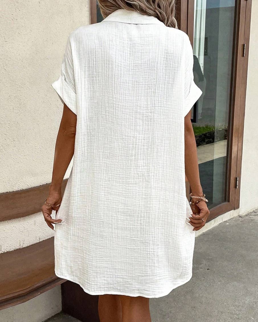 Simple loose V-neck single breasted solid color shirt dress