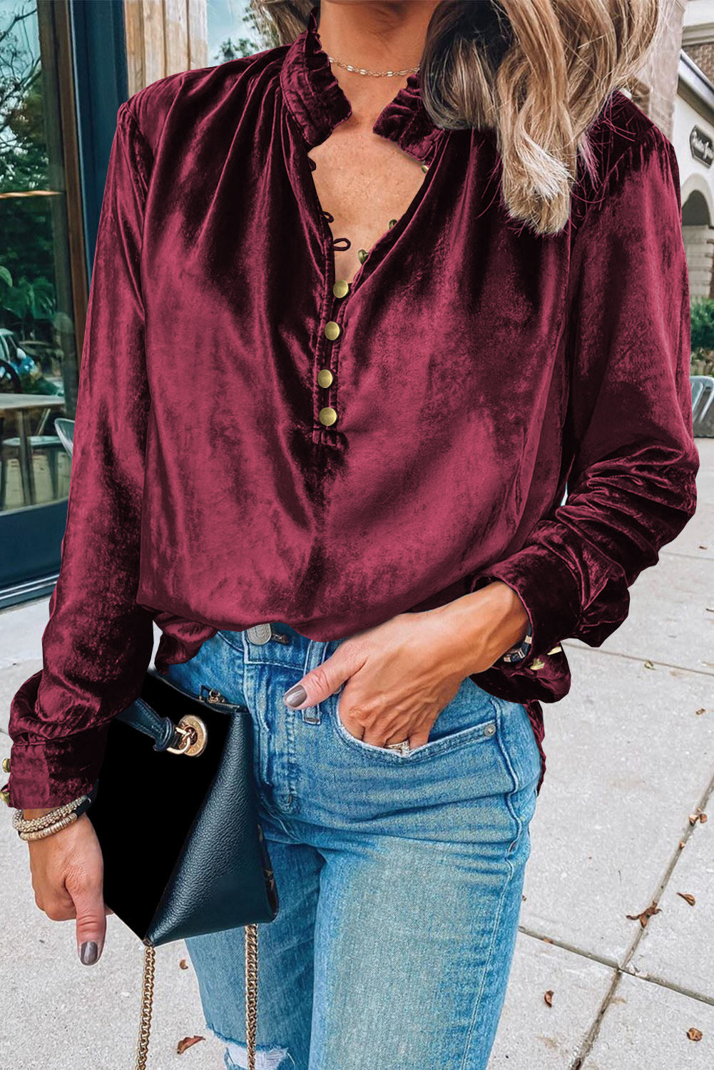 Burgandy Frilled Button V Neck