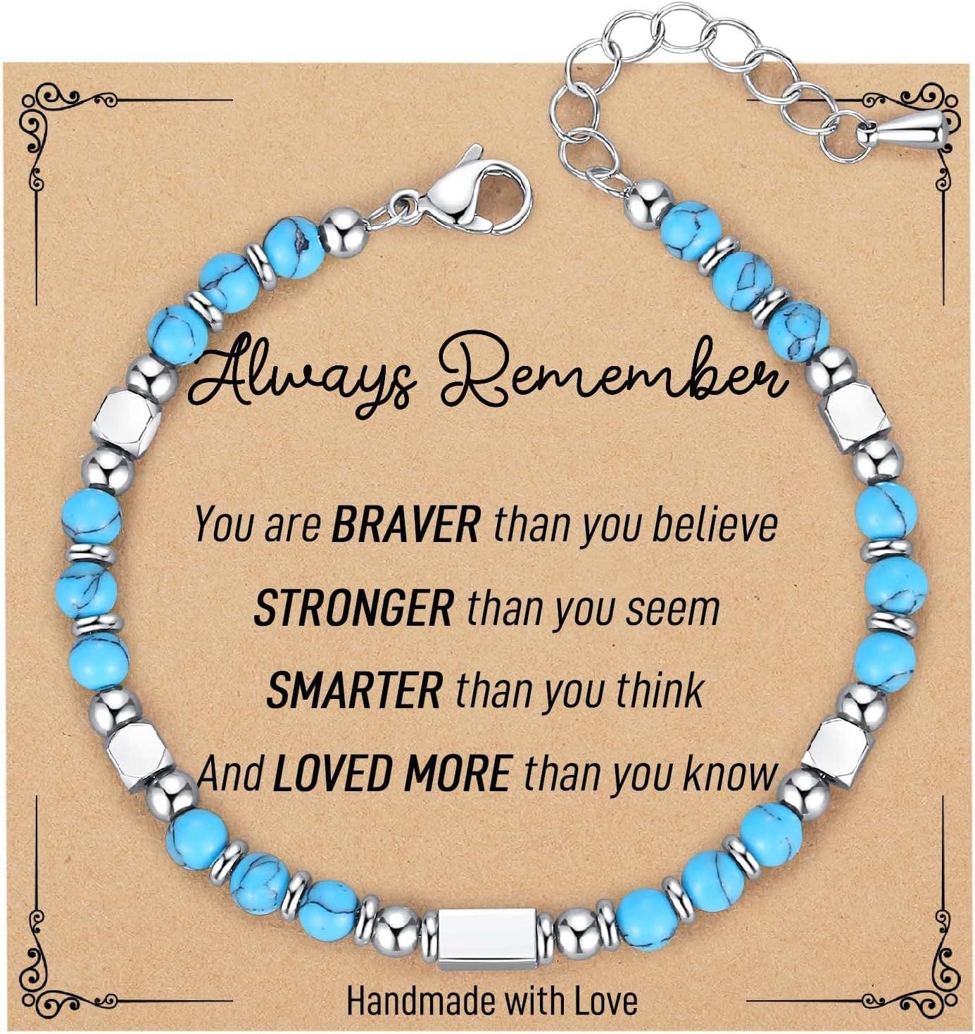 4mm Stone & Stainless Steel Bead Bracelet| Blessing Card -CS: Powder Crystal & Always remember