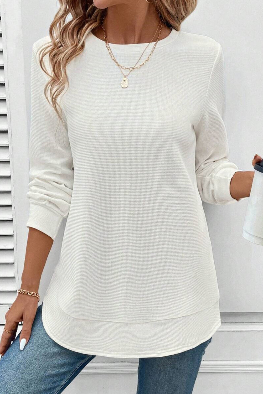White Rounded Hem Waffle L/S Top