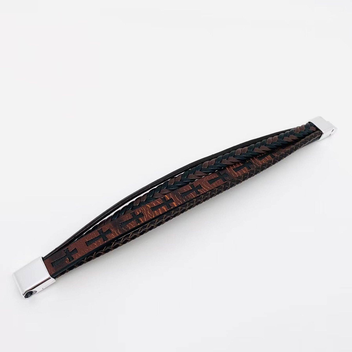 Handmade Leather Cross Men's Magnetic Buckle Bracelet -MJ/BC: 190MM / 7.48in