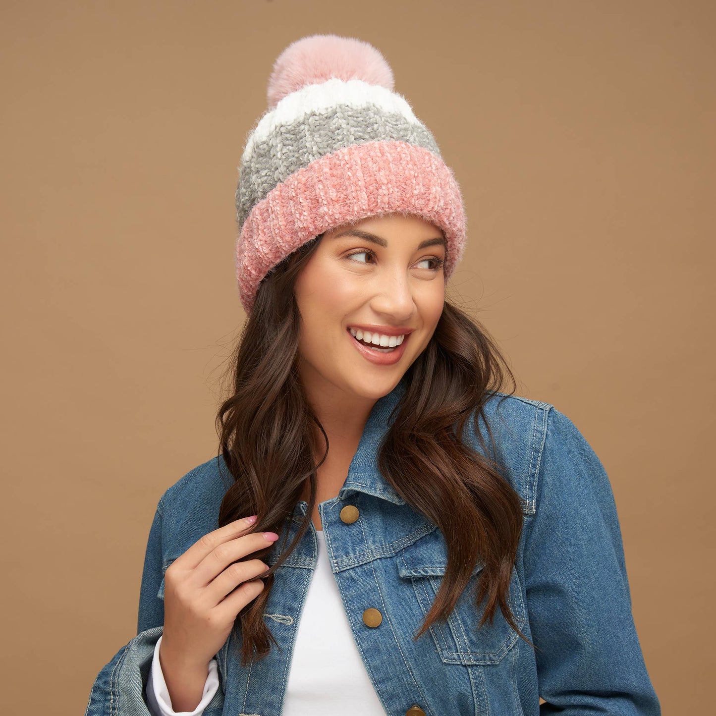 Jemmi Chenille Striped Pom Winter Beanie Hat