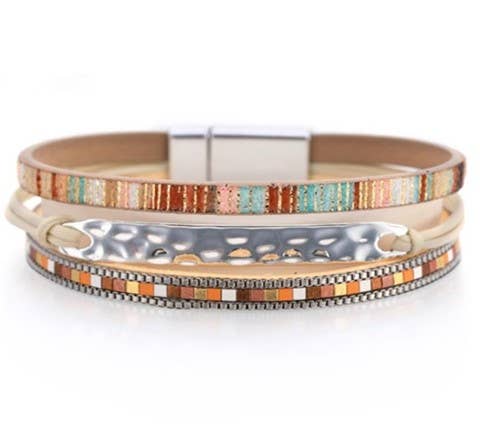 Tan Leather Strap and Silver Hammered Bracelet