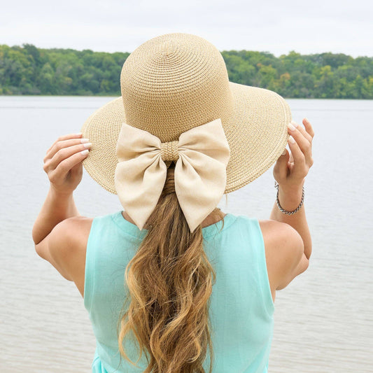 Zaya Boho Ponytail Sun Hat with Bow: Sand Shell