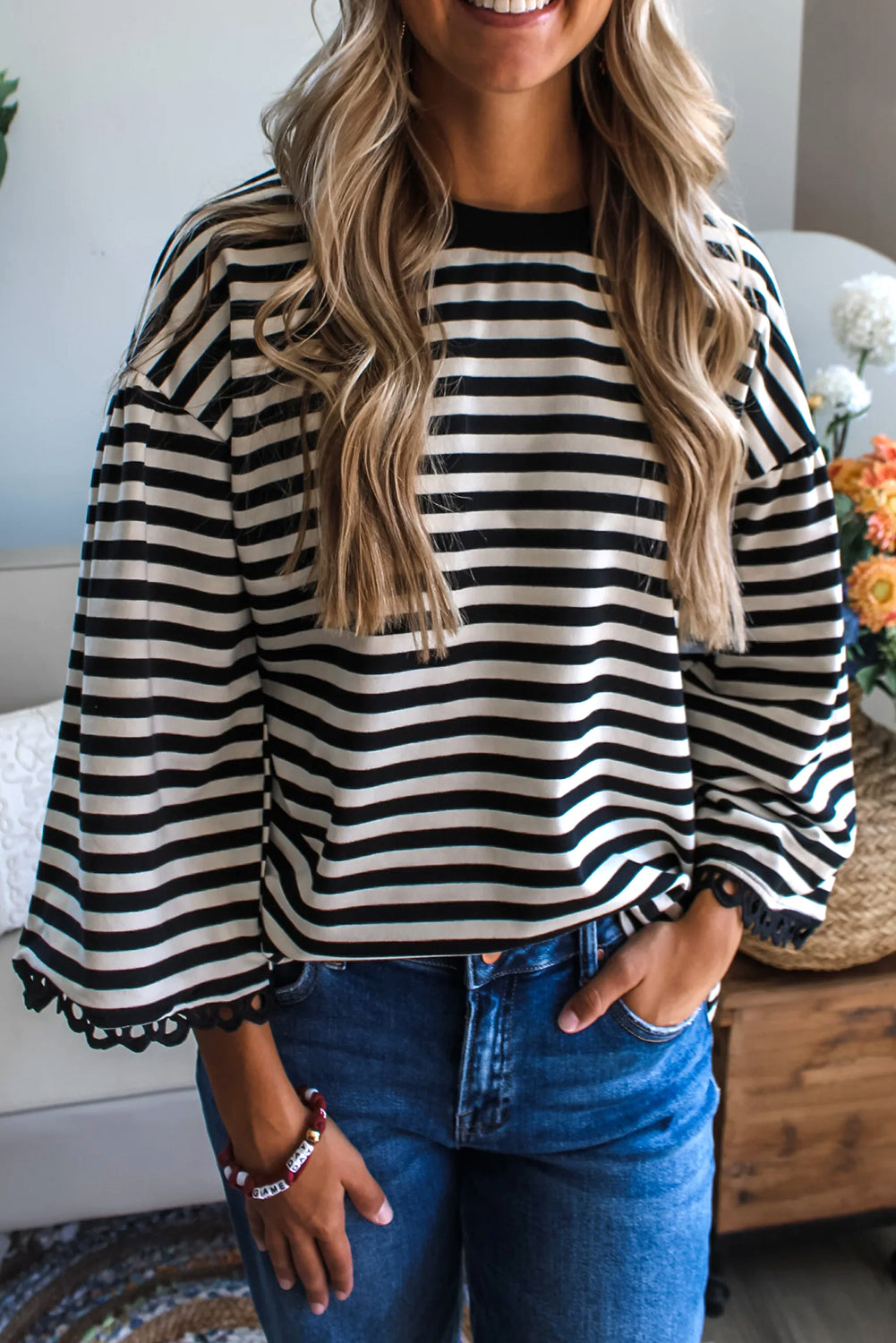 Black Striped Round Neck Bell Sleeve Top