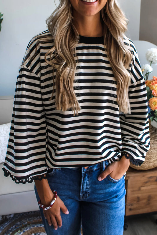 Black Striped Round Neck Bell Sleeve Top
