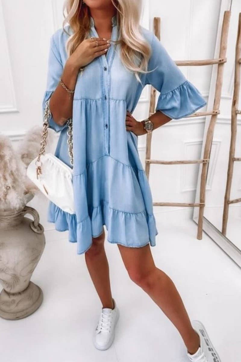 CWDSD6508 Half Sleeve Washed Denim Dress V-Neck