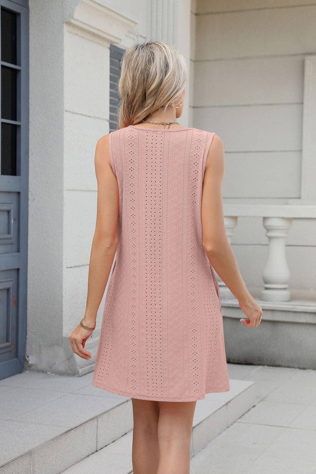 Summer Solid Color Eyelet Dress with V Neck and Pockets