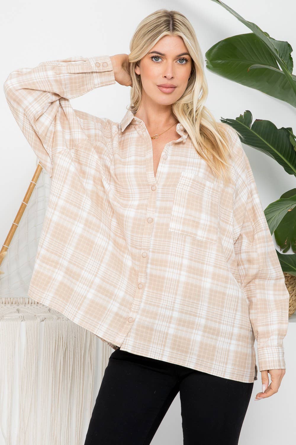 Raglan Sleeves Cotton Oversized Plaid Shirt