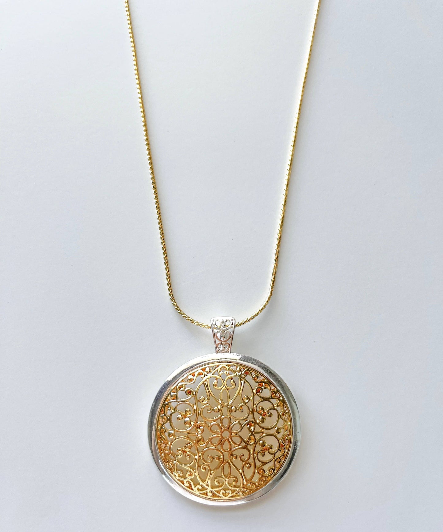 Fashion Two-Toned Domed Filigree Pendant Long Chain Necklace
