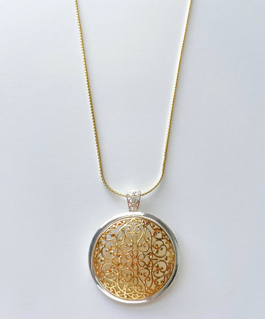 Fashion Two-Toned Domed Filigree Pendant Long Chain Necklace