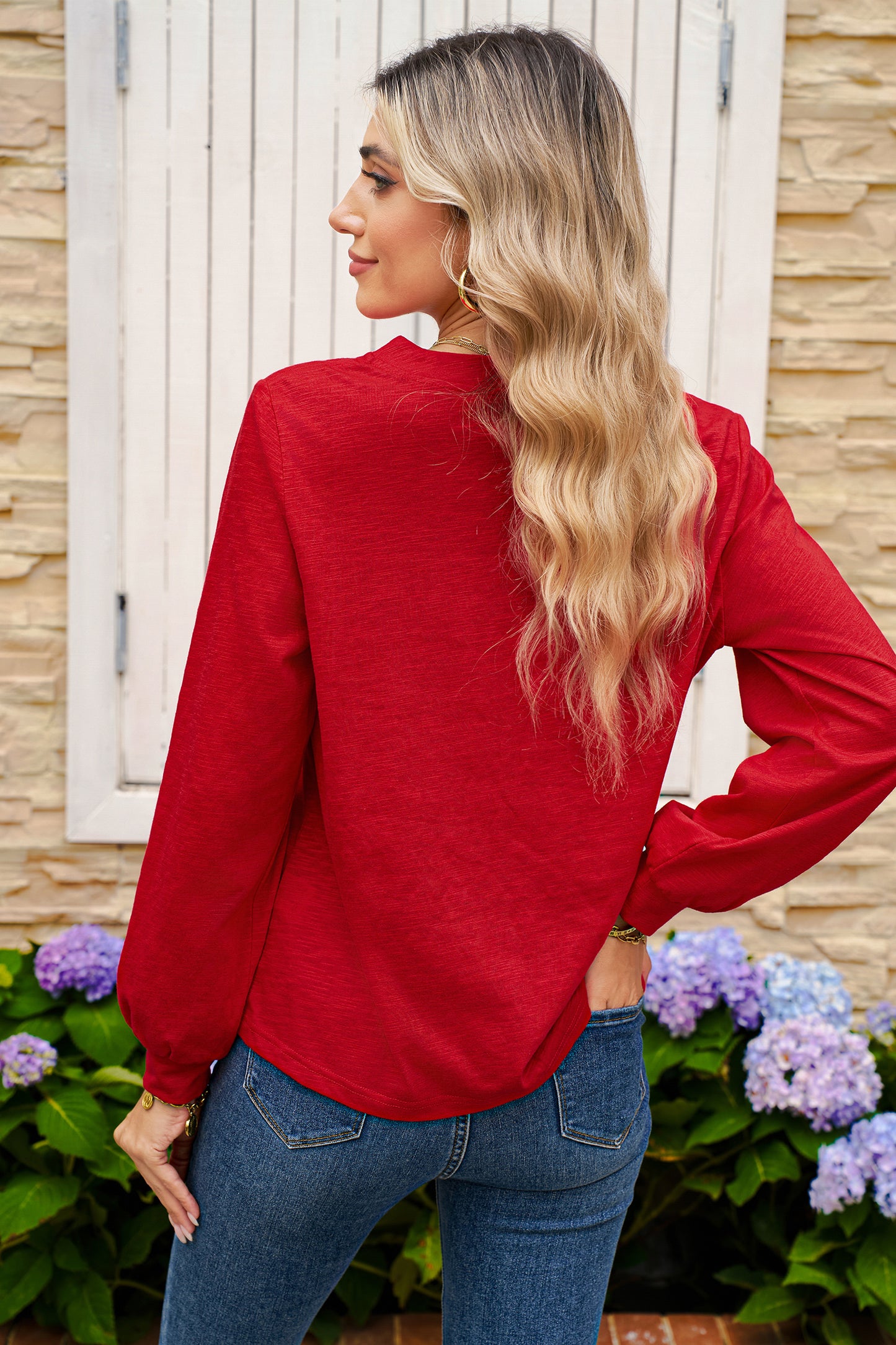 V Neck Long Sleeve Top_ Racing Red