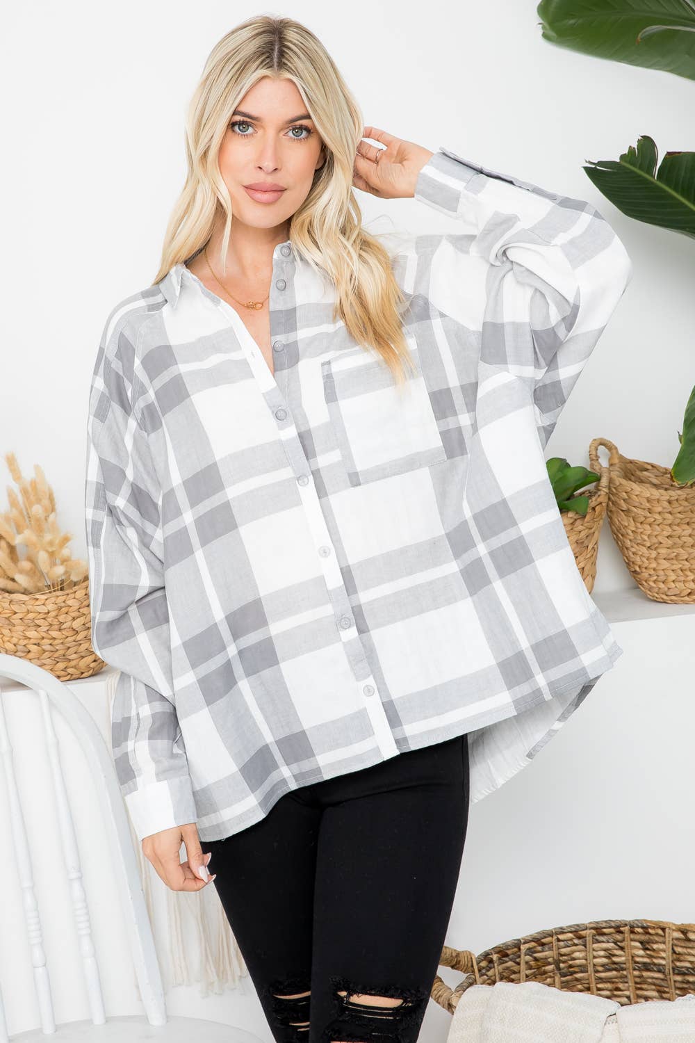 Raglan Sleeves Cotton Oversized Plaid Shirt