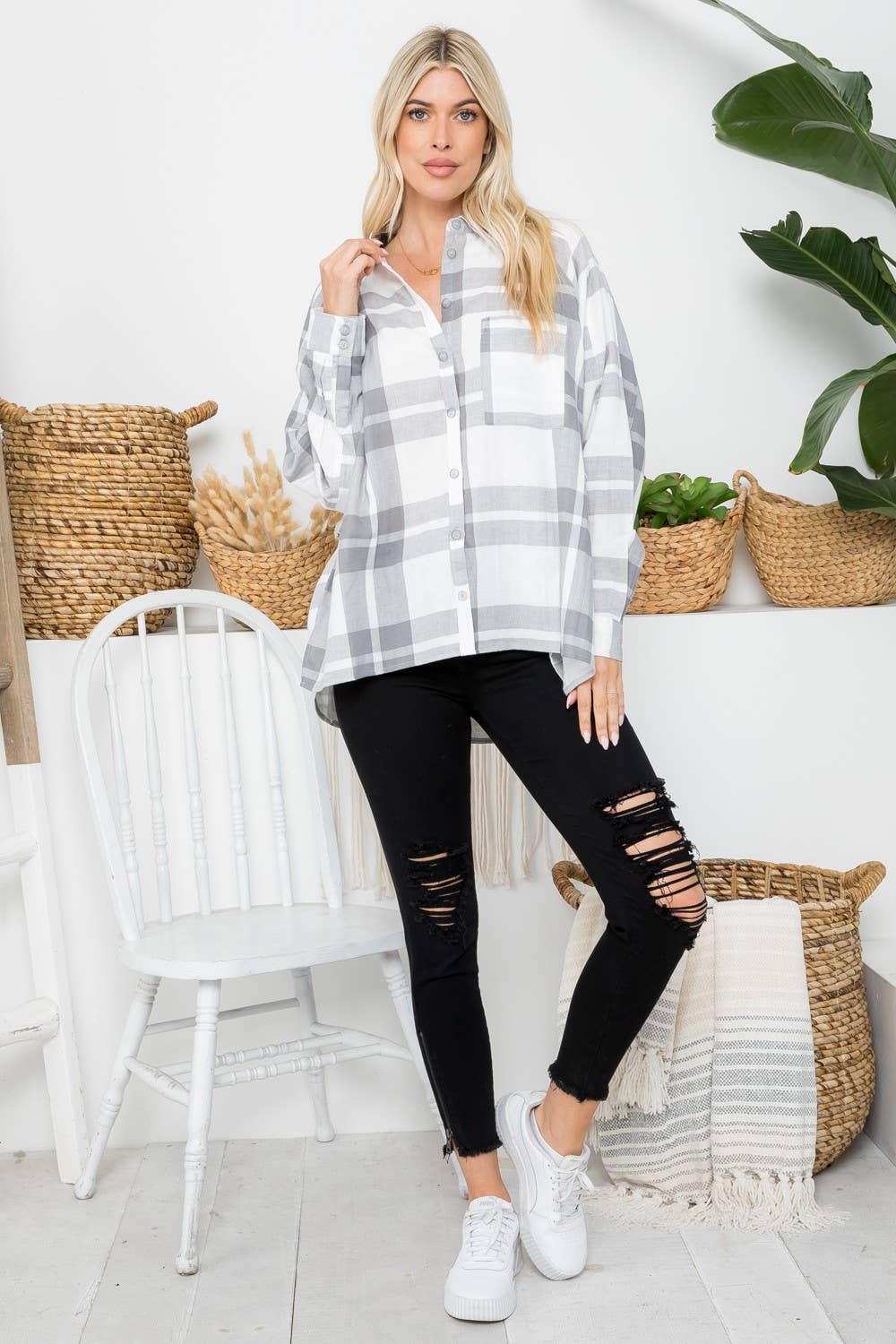 Raglan Sleeves Cotton Oversized Plaid Shirt